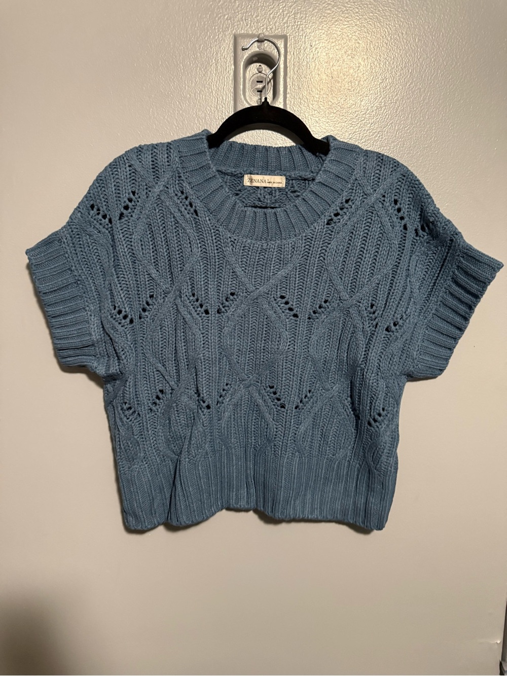 Zenana Dusty Blue Open Knit Short Sleeve Sweater Top - Picture 2 of 3